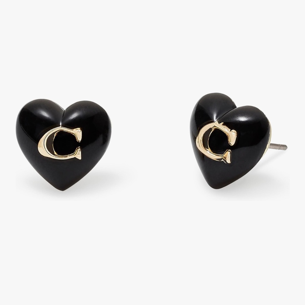 🆕 Coach Black Heart Stud Earrings with Gold 'C' Accent